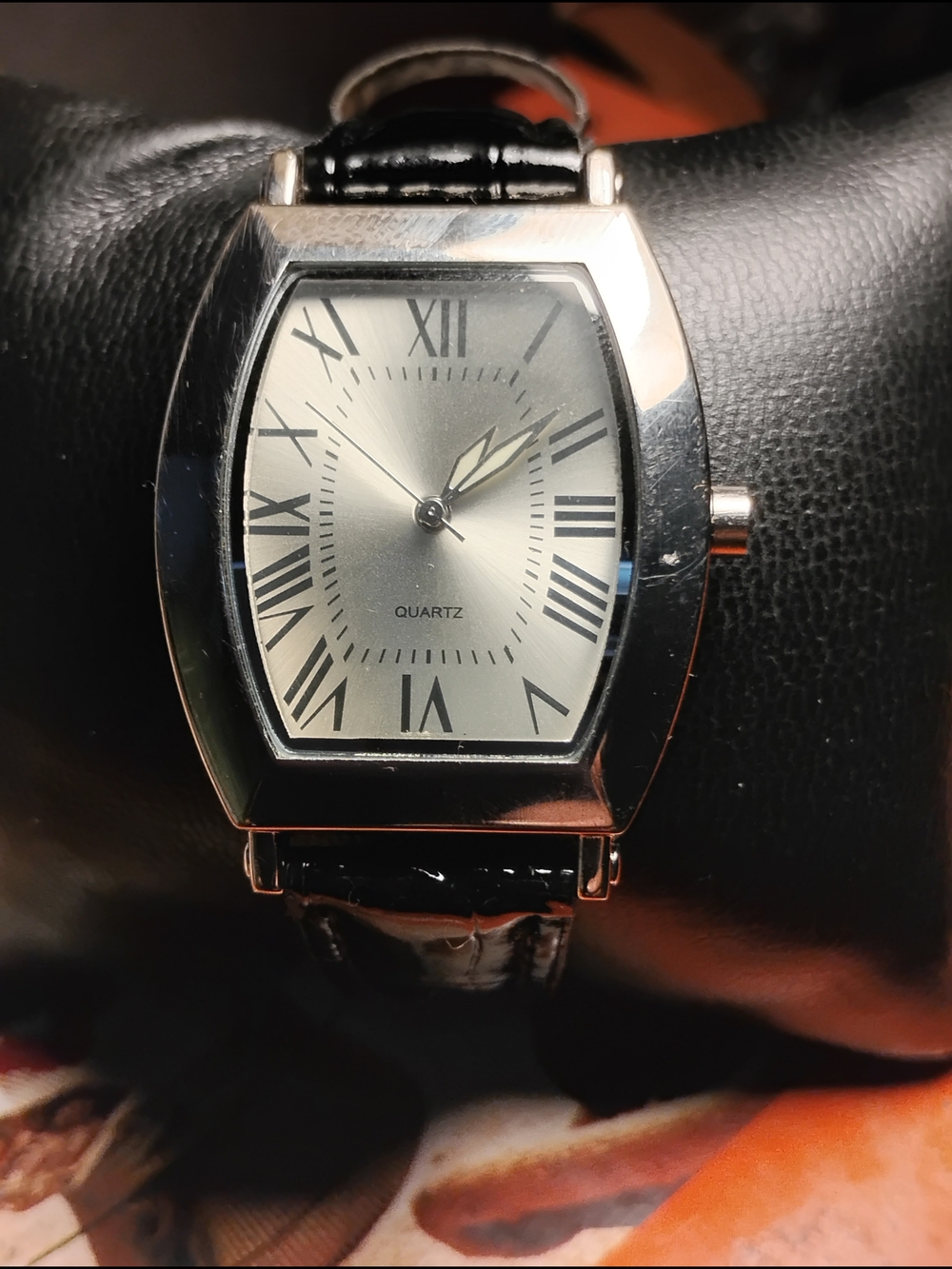Men's Silver-Tone Tonneau Quartz Watch with Black Strap